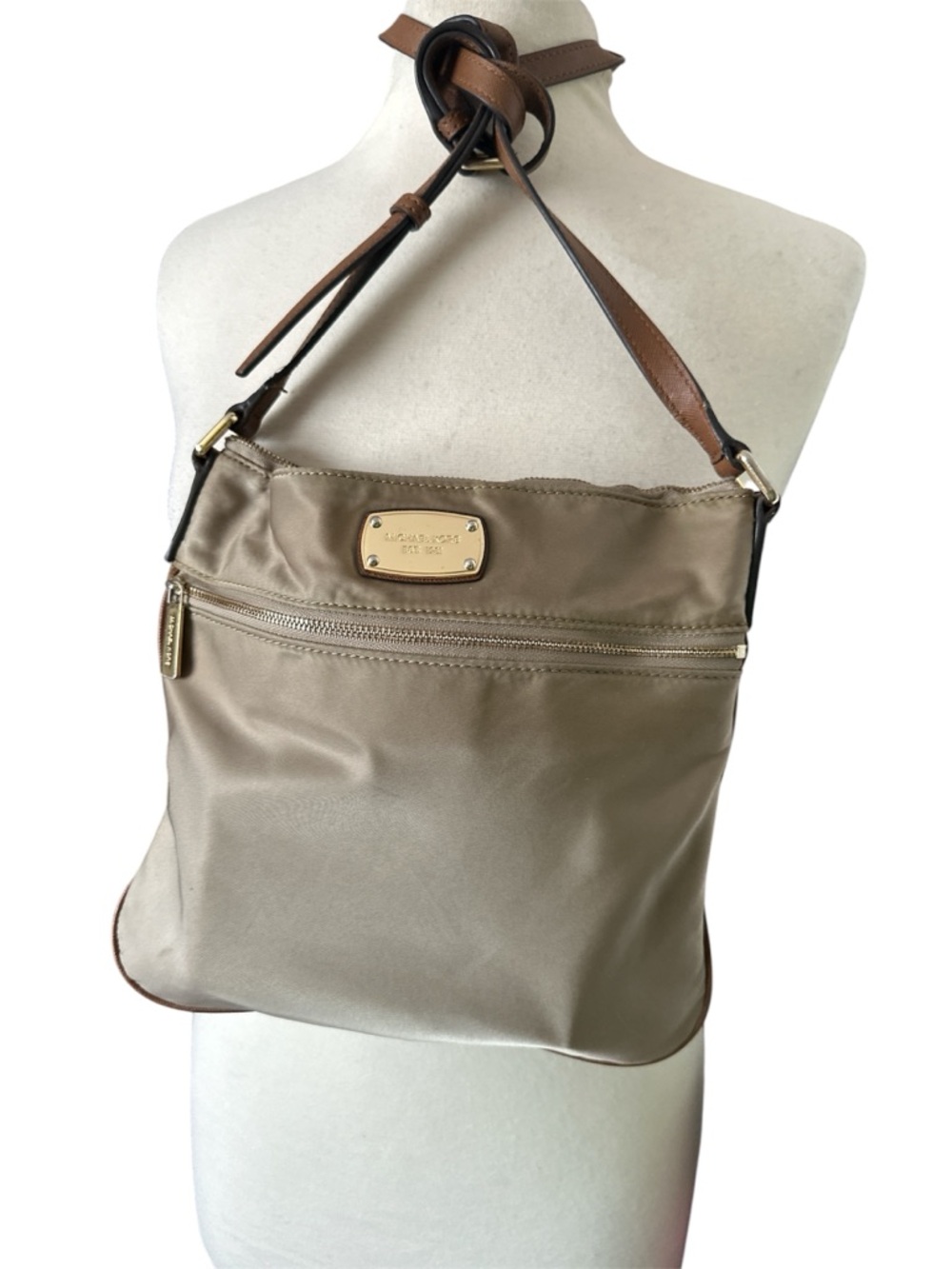 Michael Kors Taupe Nylon Messenger with Brown Leather Strap and Gold Hardware